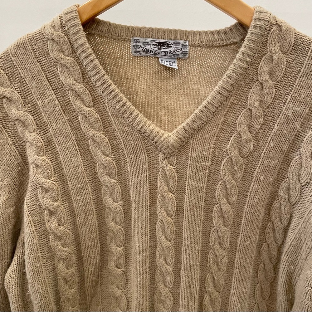 Vintage Cable Knit V-neck Fisherman Sweater in Camel Tan - Picture 3 of 4